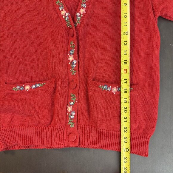 Vintage Talbots Susan Bristol Red Cotton Button Up Cardigan Floral Embroidered - Picture 10 of 14